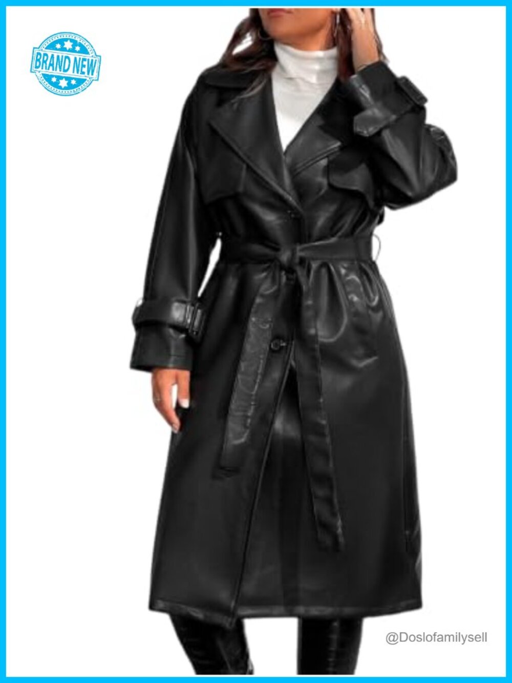 Plus Size Faux Leather Trench Coat Moto Long Jacket